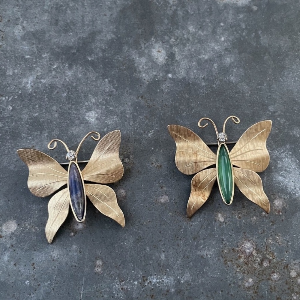 Vintage Krementz signed Butterfly Brooches with Green, Blue Stones Pair Lot of 2